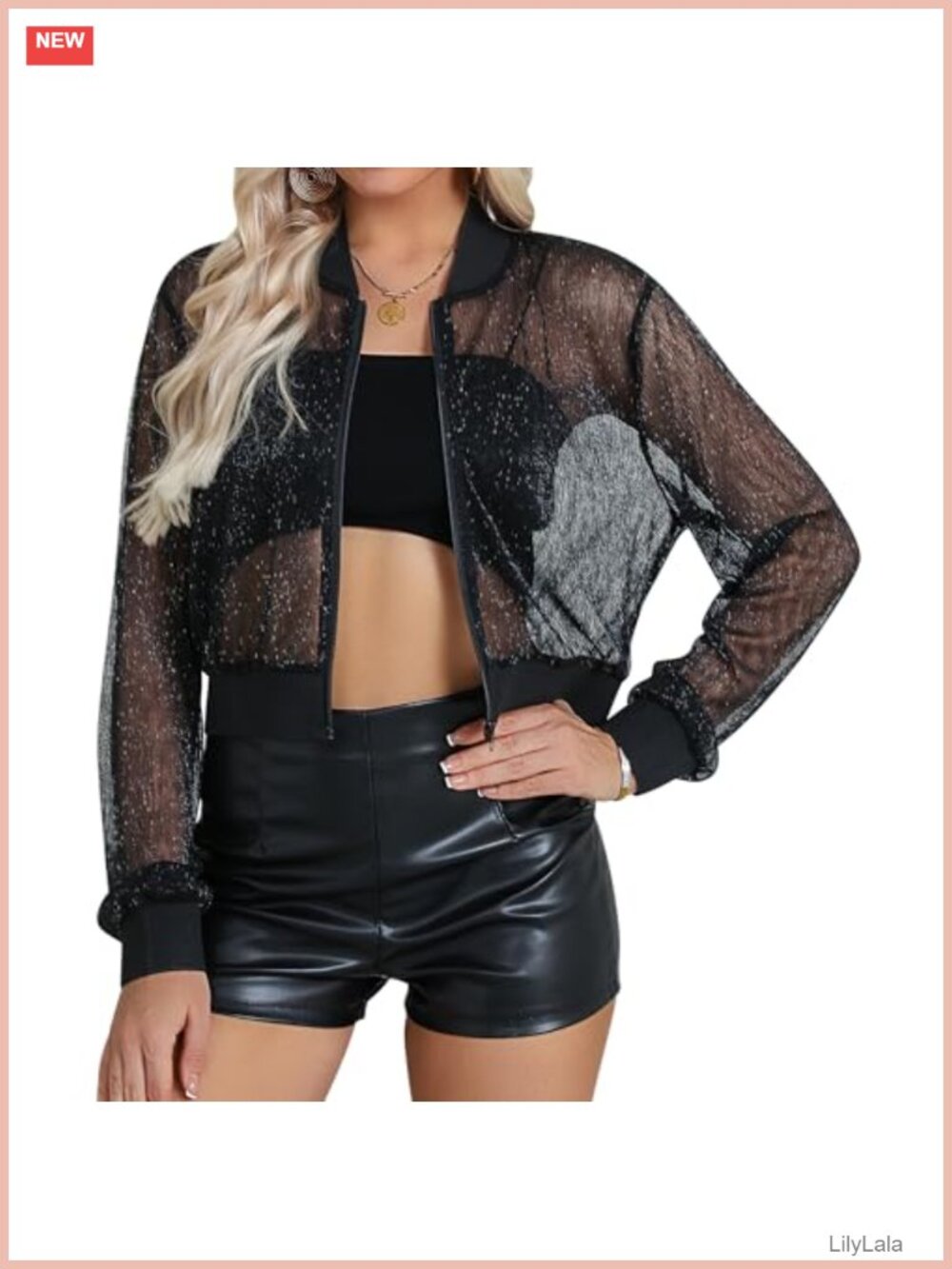 Sheer Mesh Sparkly Crop Jacket Zip Up Party Concert Layer